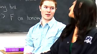 Nasty brunette gets fucked and facialized in the classroom
